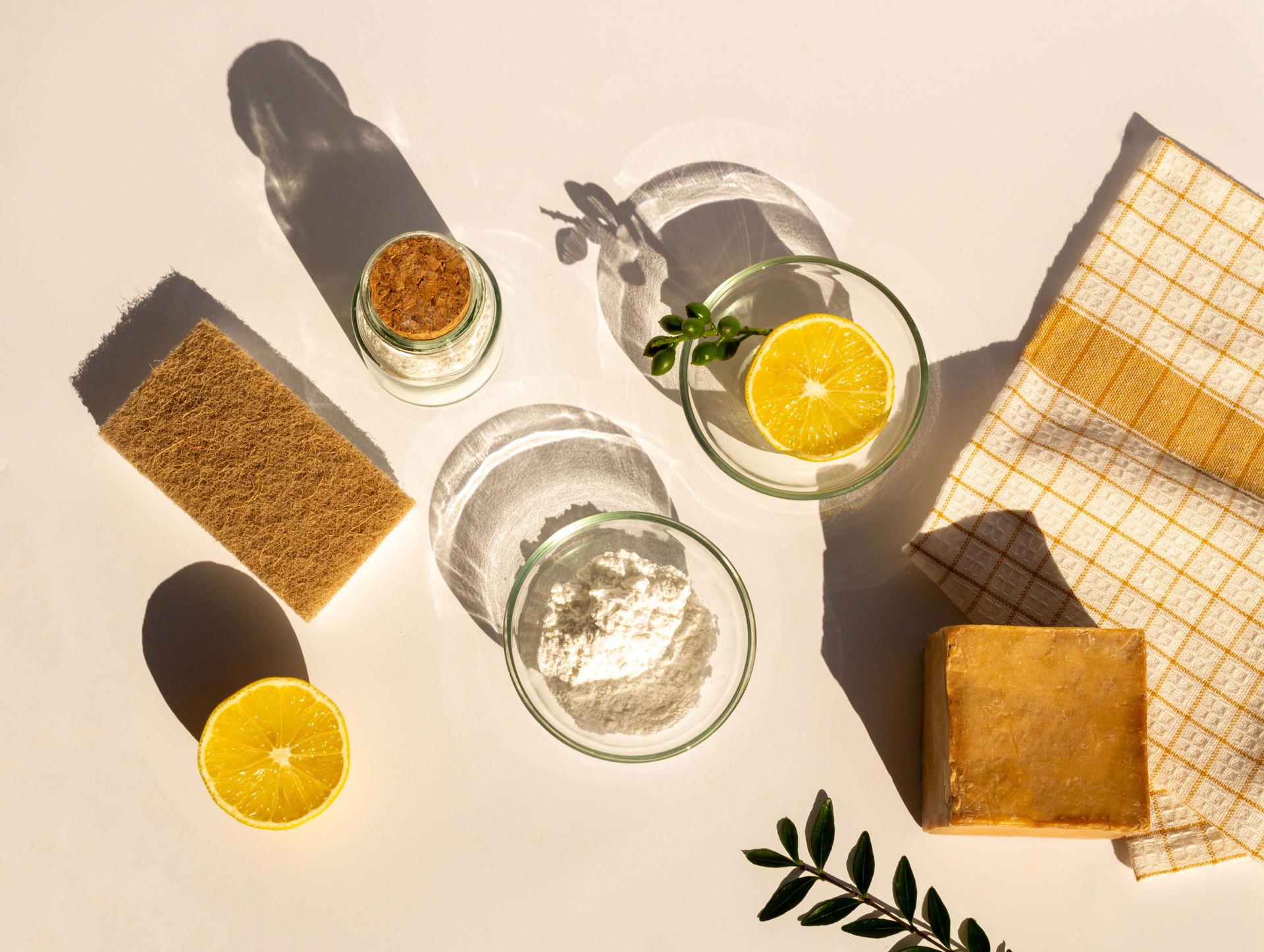 Eco cleaning, cope space, cleaning with baking soda and lemon, natural soap, flat lay